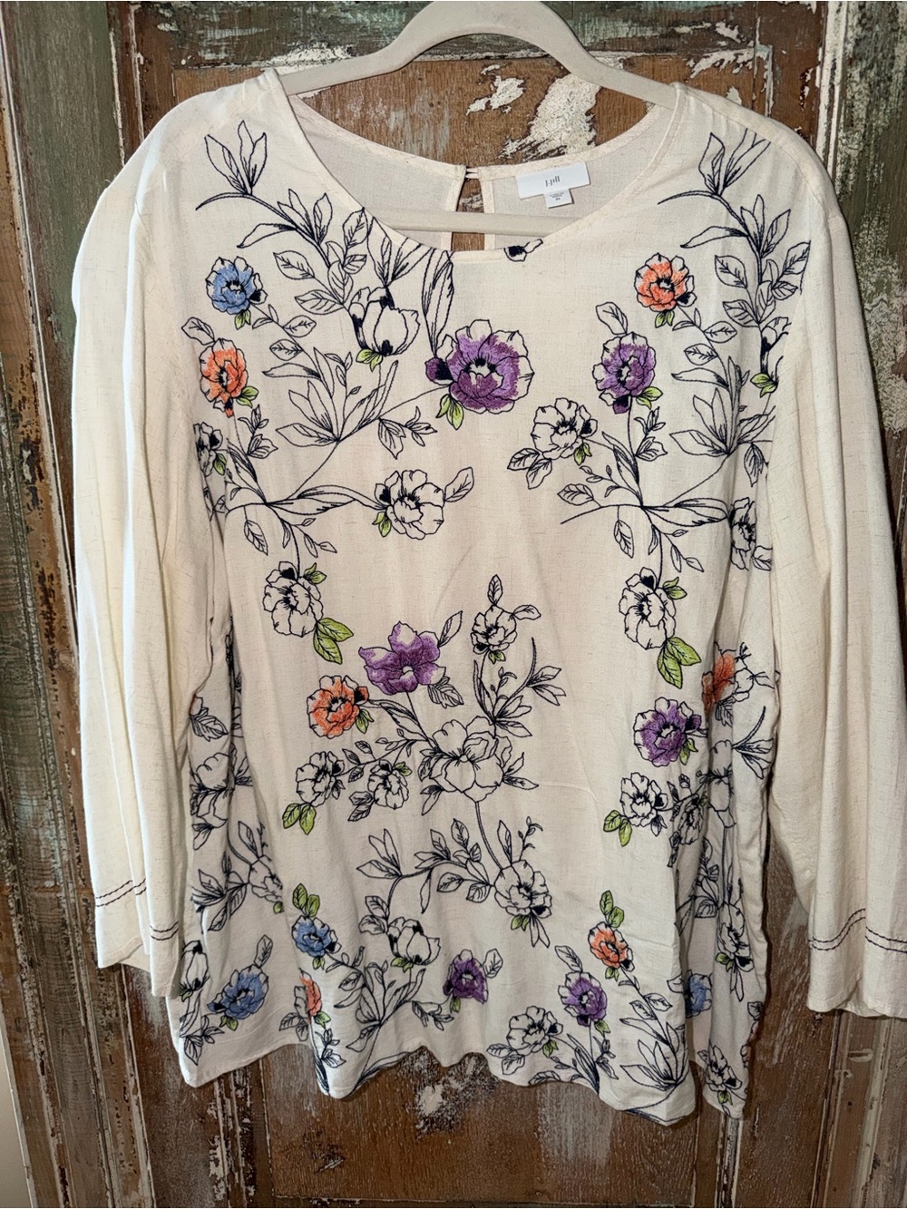 J. Jill Women’s 2X Floral Embroidered Tunic Top Ivory 3/4 Sleeve Boho